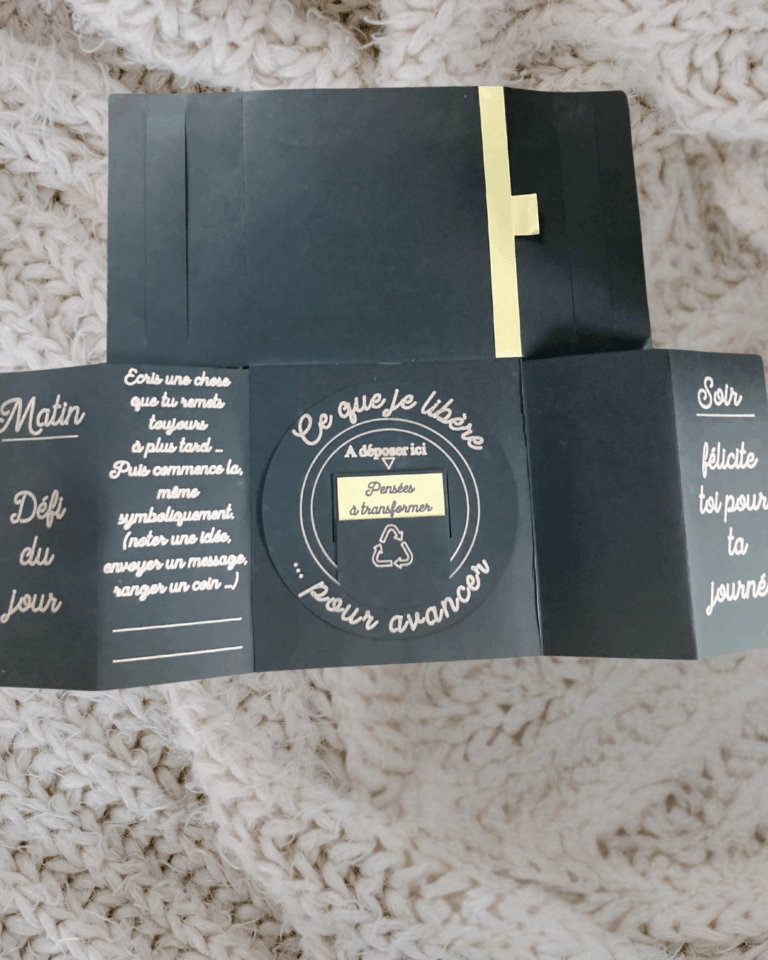 Page complète dépliée du livre "Les Livres de l’intention", avec défi du jour, espace d’écriture et rituel du matin et du soir.