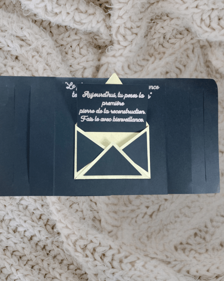Carte d’introduction du livre avec enveloppe ouverte et citation : "Aujourd’hui, tu poses la première pierre de ta reconstruction. Fais-le avec bienveillance."